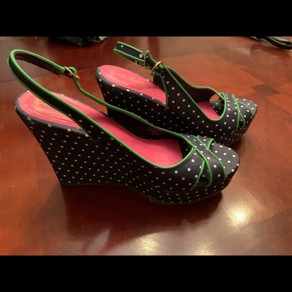 Lilly Pulitzer Navy and Green Polka Dot Wedge Heel